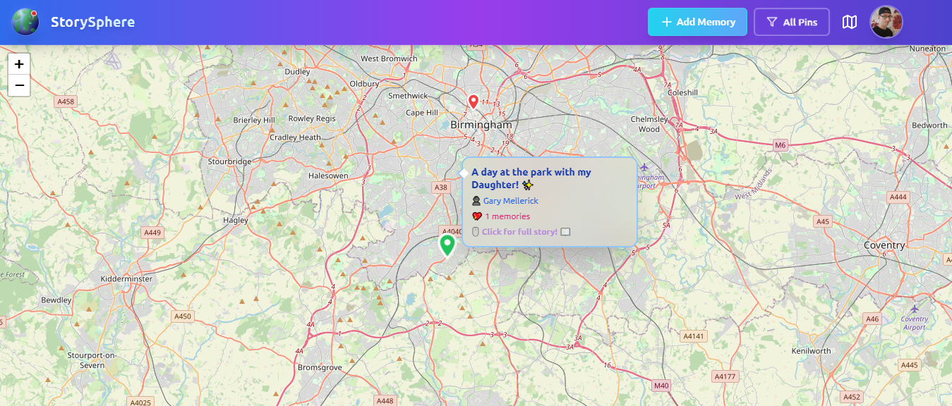 StorySphere Memory Map showing pins and stories from users around the world